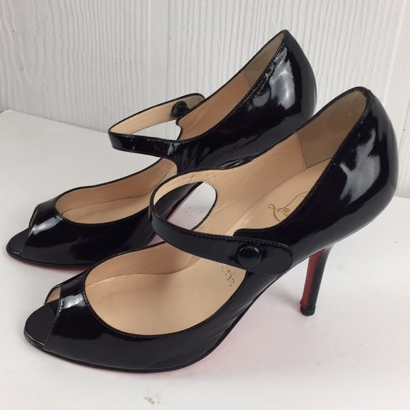 Louboutin Patent Black Mary Jane Peep Toe Heels 7 - Picture 3 of 8